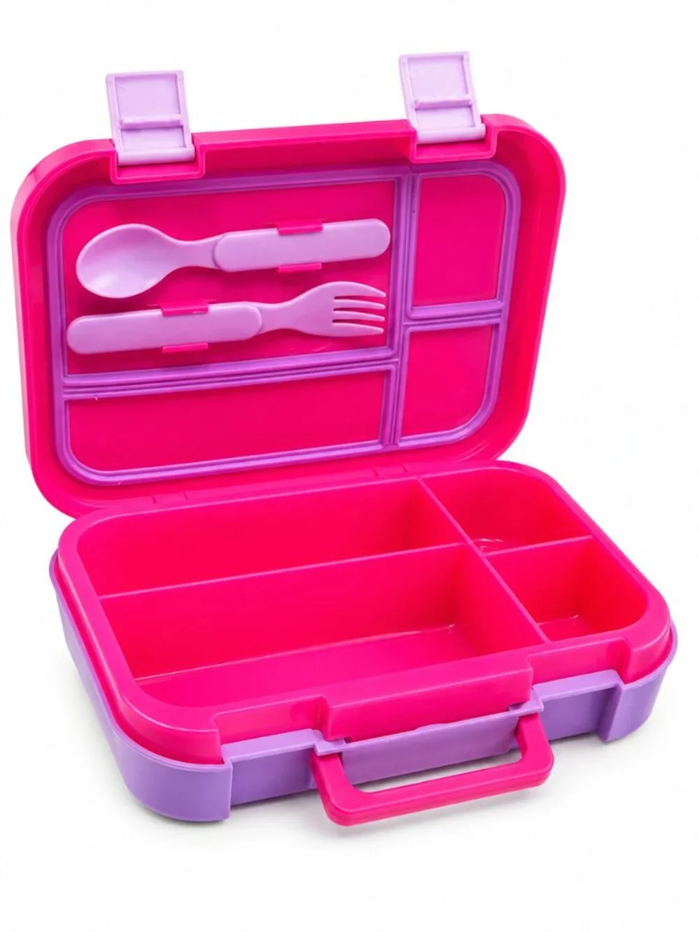 Kids Bento Lunch Box Pink Purple Leak Resistant Food Container w/ Spoon & Fork